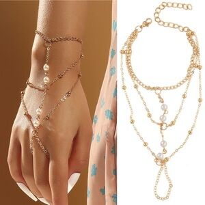 Elegant Gold Hand Chain Bracelet with Pearls